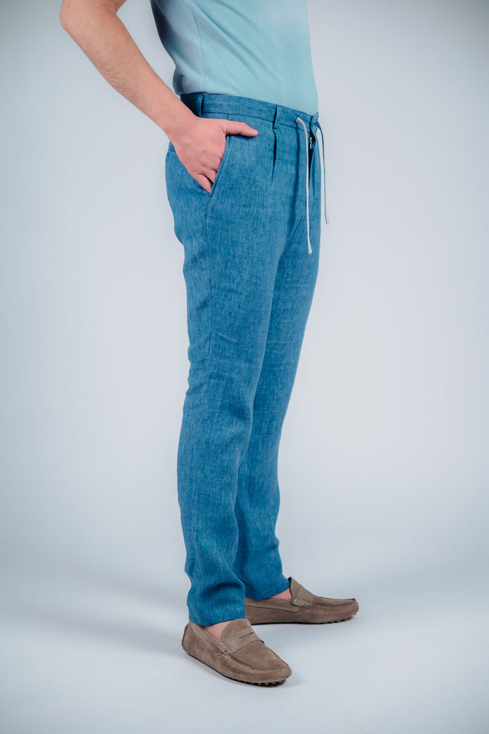 Син ленен панталон с връзки Bresso