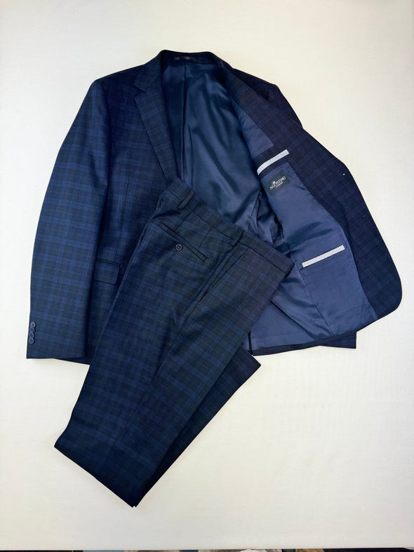 Костюм от естествена вълна тъмно синьо каре