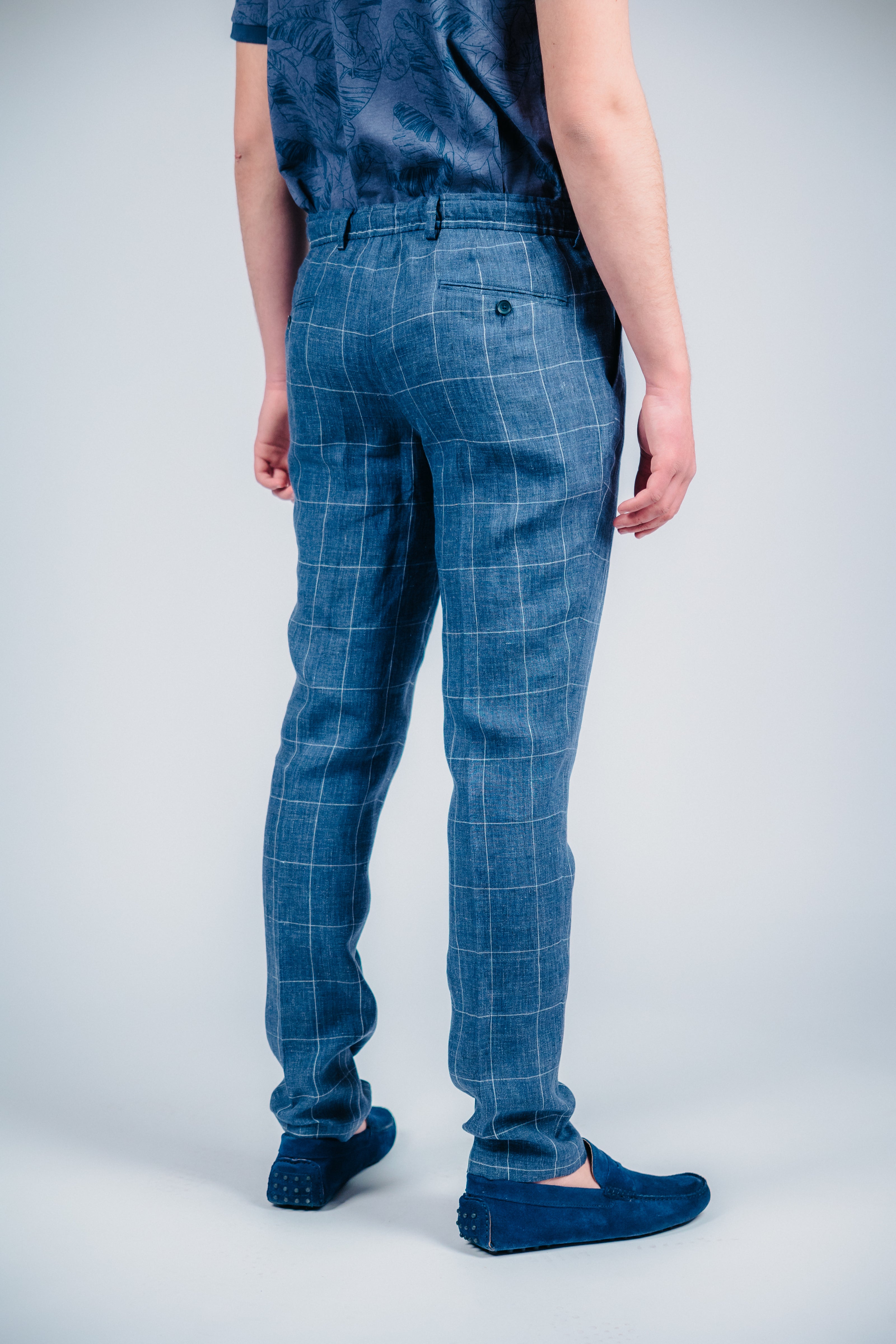 Син ленен панталон каре