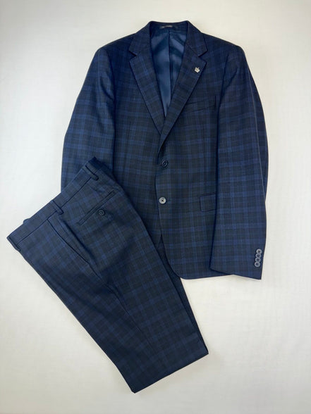 Костюм от естествена вълна тъмно синьо каре