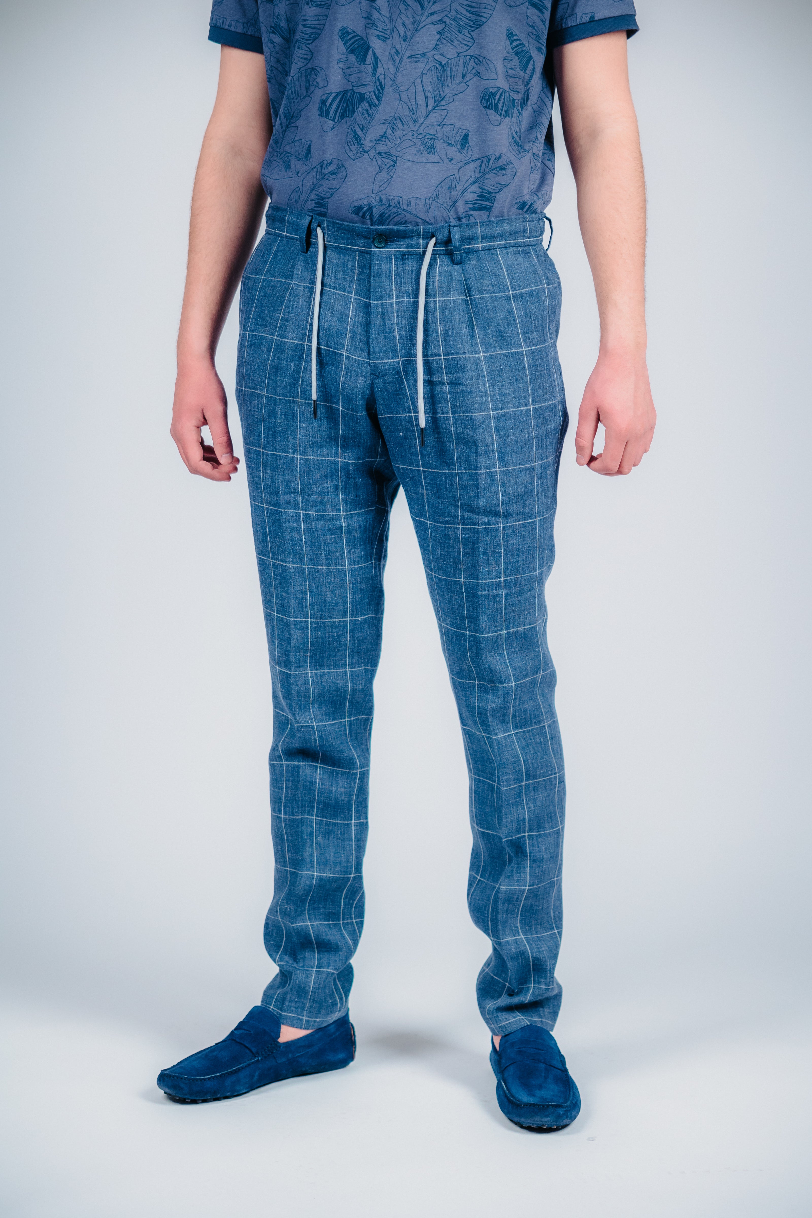 Син ленен панталон каре