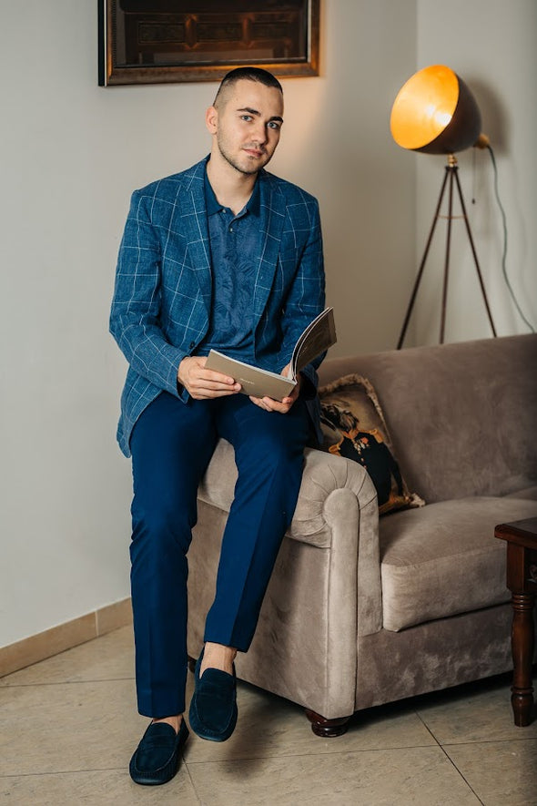 Тъмносиньо ленено сако с десен Portofino