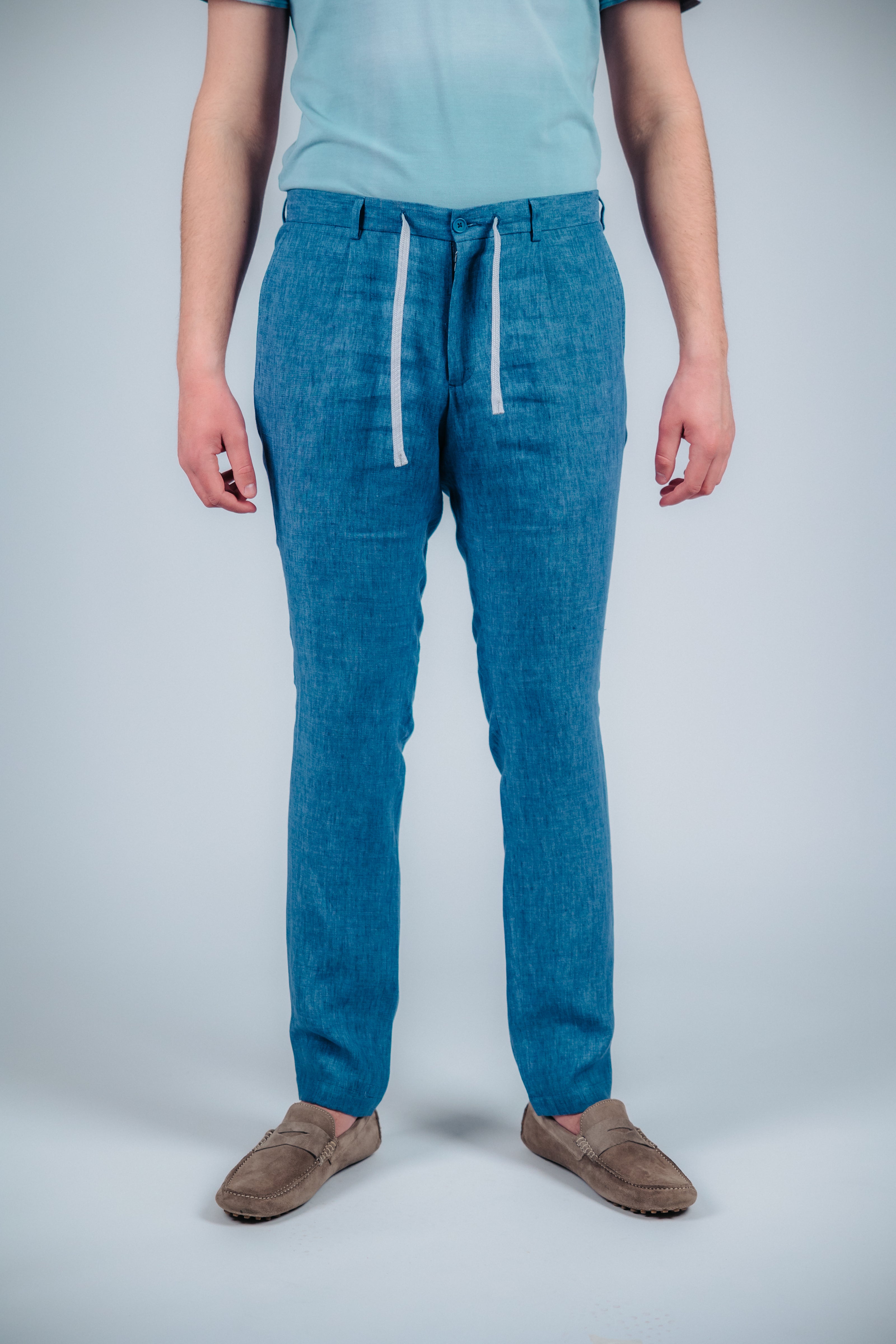 Син ленен панталон с връзки Bresso