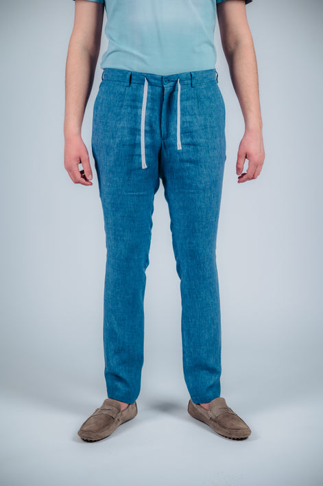 Син ленен панталон с връзки Bresso